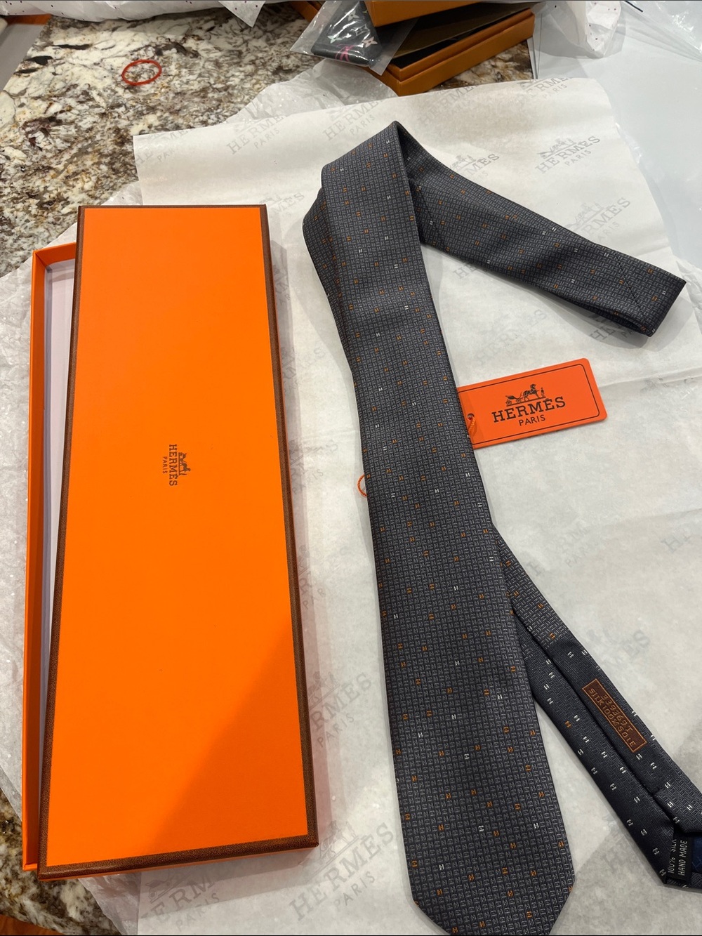 Hermes Gray Silk Tie with Orange Dot Motif